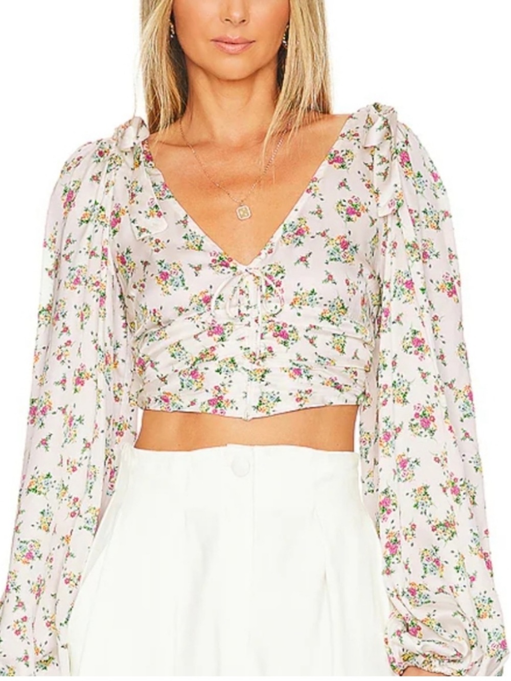 NWT For Love & Lemons White Floral Tie-Front Long Sleeve Crop Top Small